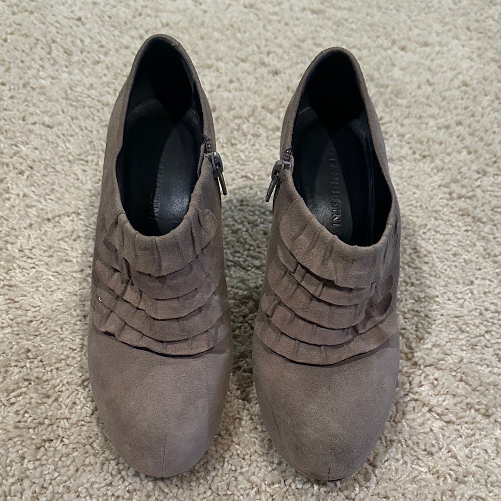 Gianni Bini Taupe Ruffle Ankle Booties